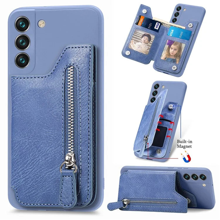For Samsung Galaxy S23 Kickstand Zipper Case Magnetic Clasp Phone Cover with Card Holders