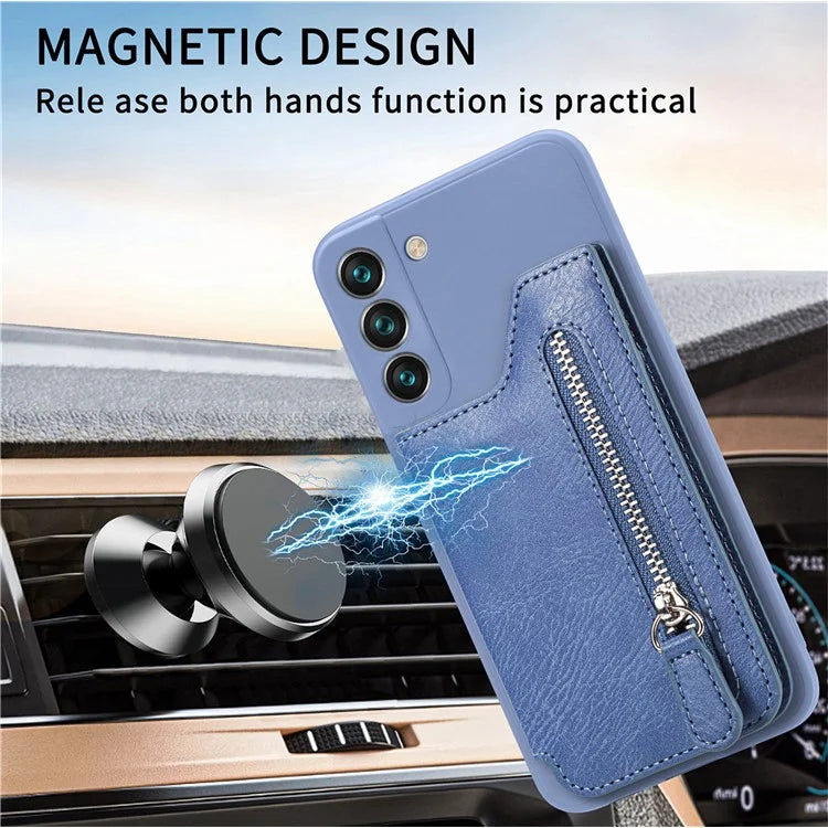 For Samsung Galaxy S23 Kickstand Zipper Case Magnetic Clasp Phone Cover with Card Holders