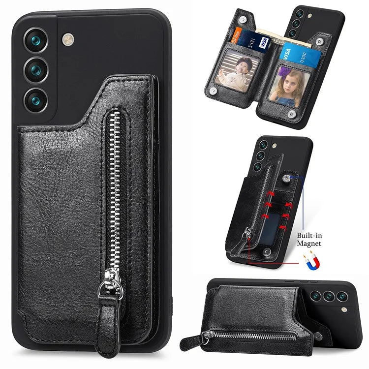 For Samsung Galaxy S23 Kickstand Zipper Case Magnetic Clasp Phone Cover with Card Holders
