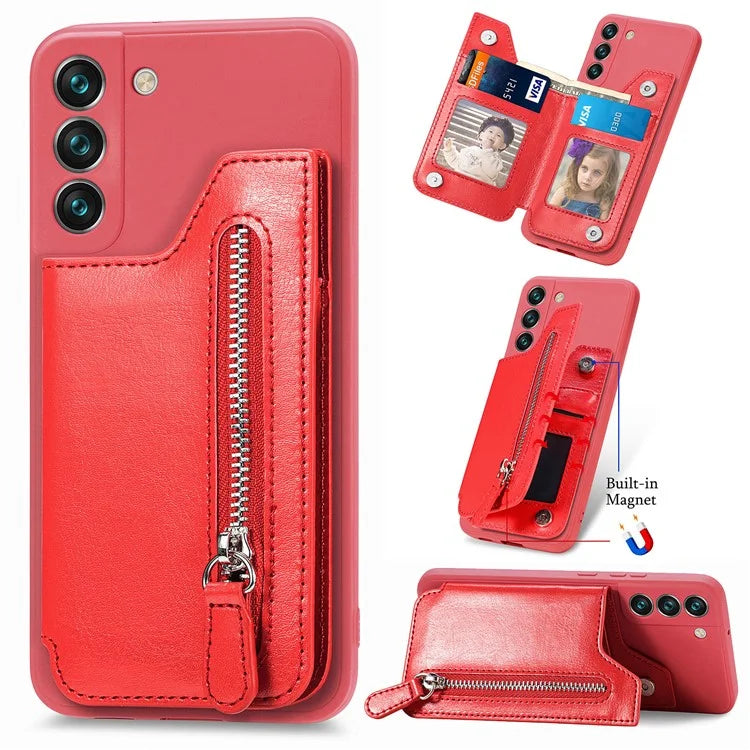 For Samsung Galaxy S23 Kickstand Zipper Case Magnetic Clasp Phone Cover with Card Holders