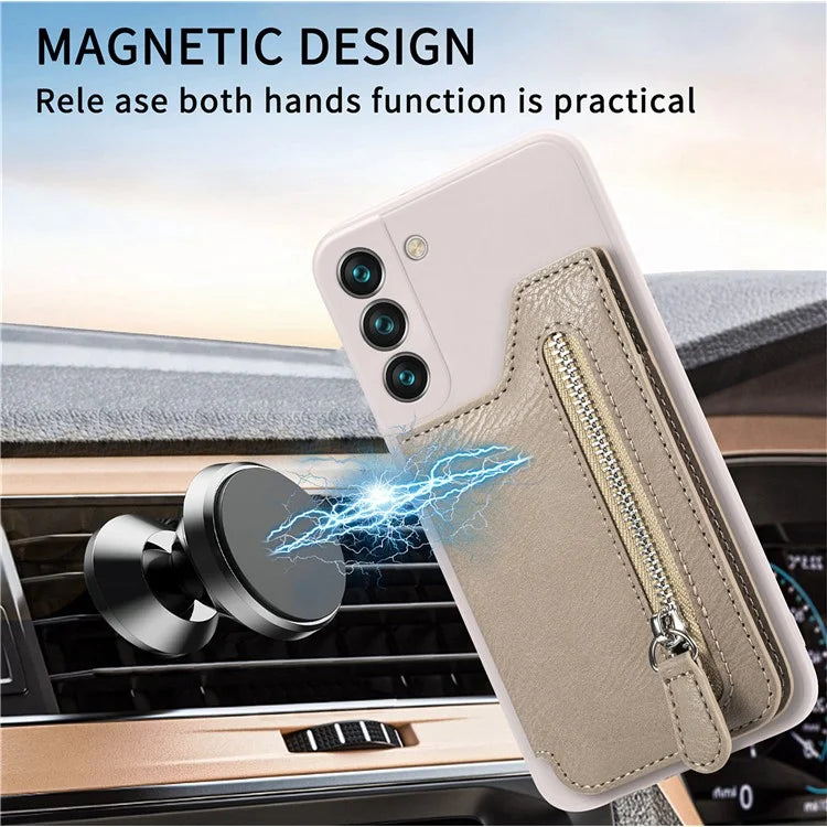 For Samsung Galaxy S23 Kickstand Zipper Case Magnetic Clasp Phone Cover with Card Holders