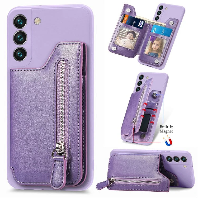 For Samsung Galaxy S23 Kickstand Zipper Case Magnetic Clasp Phone Cover with Card Holders
