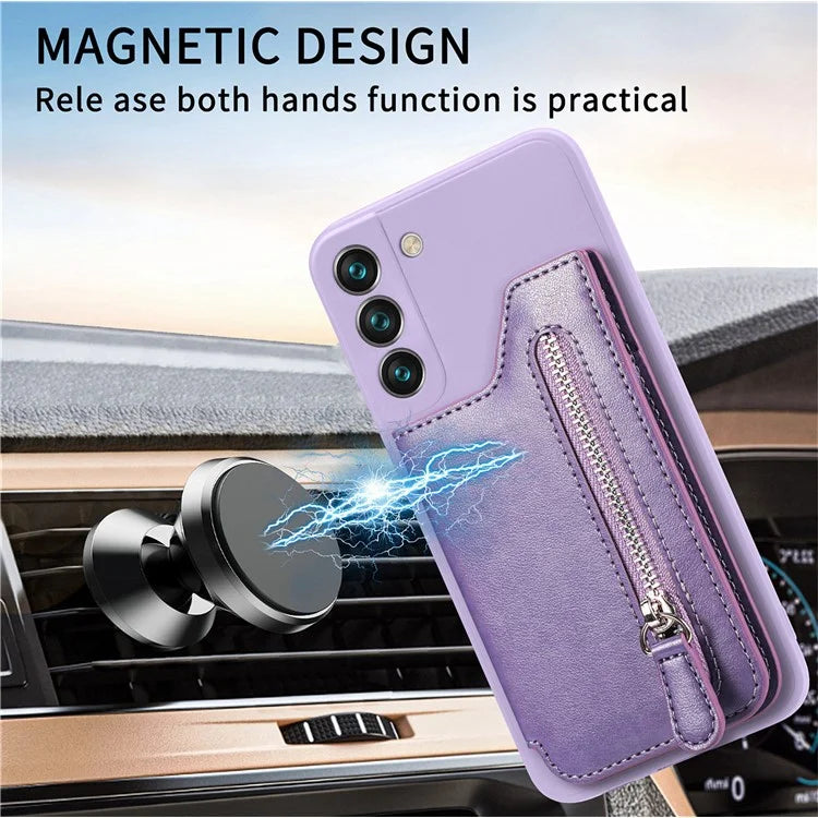 For Samsung Galaxy S23 Kickstand Zipper Case Magnetic Clasp Phone Cover with Card Holders