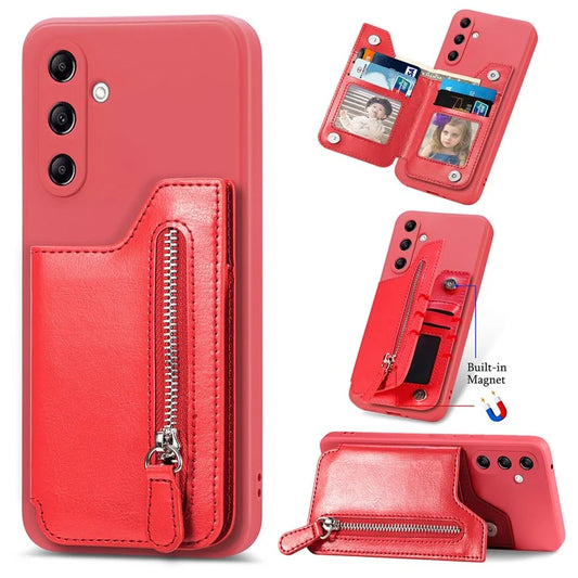 For Samsung Galaxy A24 4G (162.1 x 77.6 x 8.3mm) Zipper Pocket Kickstand Cover Snap Closure Phone Case