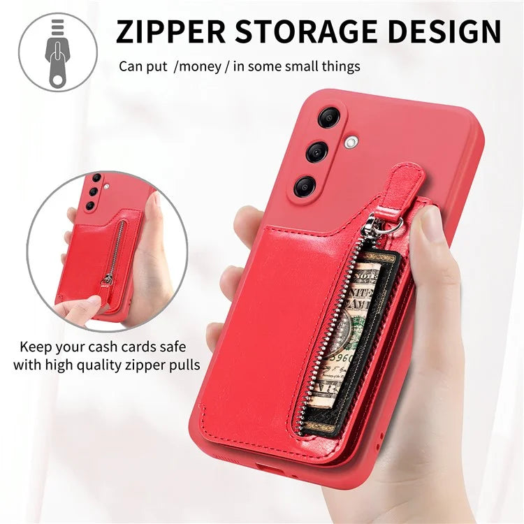 For Samsung Galaxy A24 4G (162.1 x 77.6 x 8.3mm) Zipper Pocket Kickstand Cover Snap Closure Phone Case