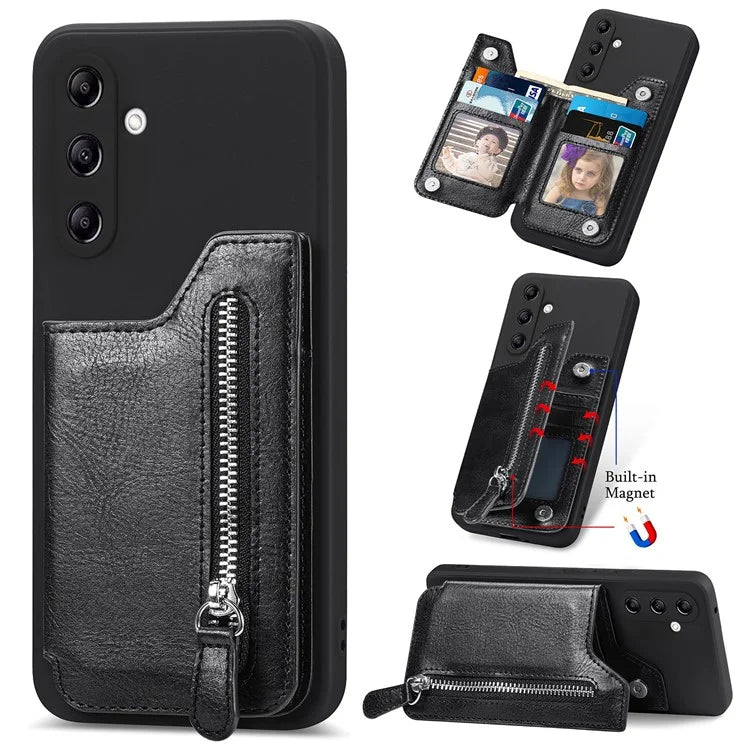 For Samsung Galaxy A24 4G (162.1 x 77.6 x 8.3mm) Zipper Pocket Kickstand Cover Snap Closure Phone Case