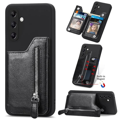 For Samsung Galaxy A24 4G (162.1 x 77.6 x 8.3mm) Zipper Pocket Kickstand Cover Snap Closure Phone Case