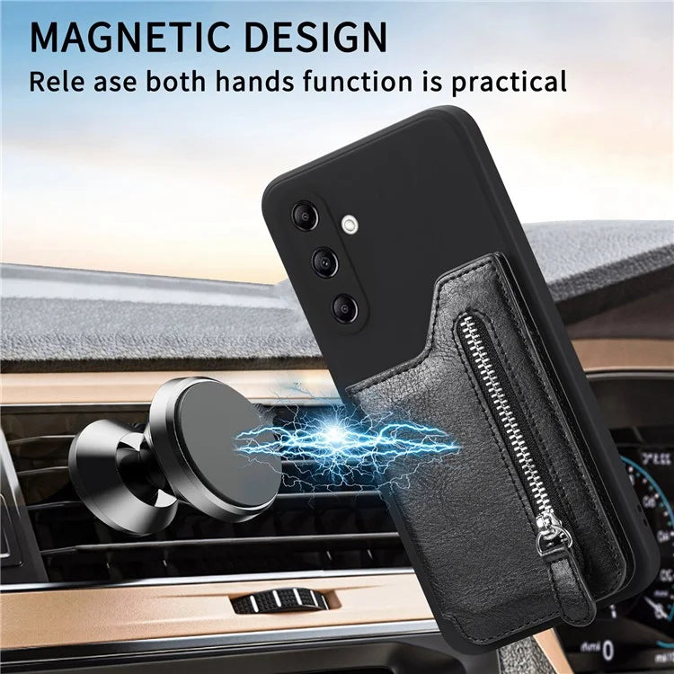 For Samsung Galaxy A24 4G (162.1 x 77.6 x 8.3mm) Zipper Pocket Kickstand Cover Snap Closure Phone Case