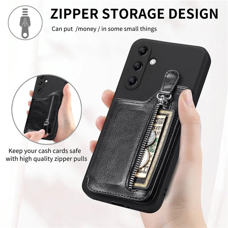 For Samsung Galaxy A24 4G (162.1 x 77.6 x 8.3mm) Zipper Pocket Kickstand Cover Snap Closure Phone Case