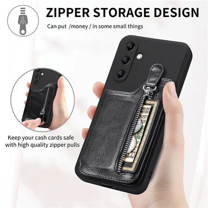 For Samsung Galaxy A24 4G (162.1 x 77.6 x 8.3mm) Zipper Pocket Kickstand Cover Snap Closure Phone Case