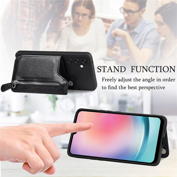 For Samsung Galaxy A24 4G (162.1 x 77.6 x 8.3mm) Zipper Pocket Kickstand Cover Snap Closure Phone Case