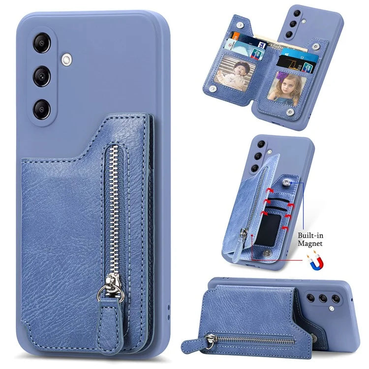 For Samsung Galaxy A24 4G (162.1 x 77.6 x 8.3mm) Zipper Pocket Kickstand Cover Snap Closure Phone Case