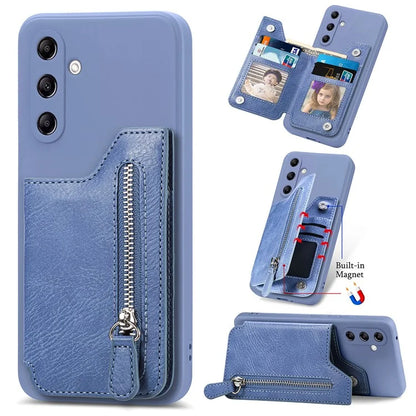 For Samsung Galaxy A24 4G (162.1 x 77.6 x 8.3mm) Zipper Pocket Kickstand Cover Snap Closure Phone Case