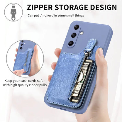For Samsung Galaxy A24 4G (162.1 x 77.6 x 8.3mm) Zipper Pocket Kickstand Cover Snap Closure Phone Case