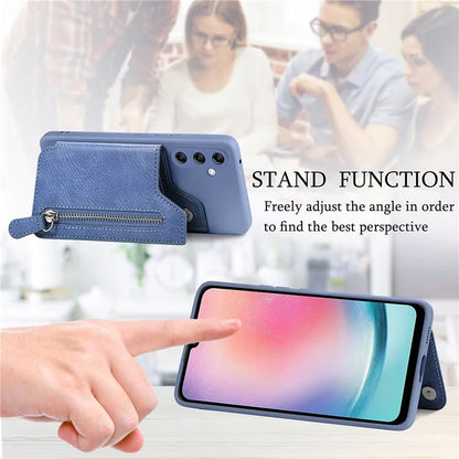 For Samsung Galaxy A24 4G (162.1 x 77.6 x 8.3mm) Zipper Pocket Kickstand Cover Snap Closure Phone Case