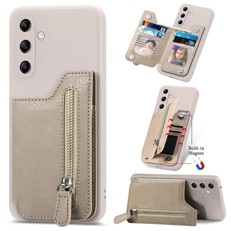 For Samsung Galaxy A24 4G (162.1 x 77.6 x 8.3mm) Zipper Pocket Kickstand Cover Snap Closure Phone Case