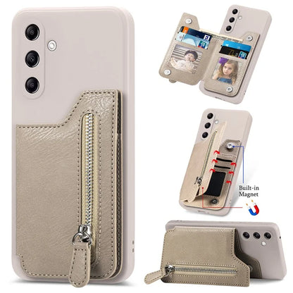 For Samsung Galaxy A24 4G (162.1 x 77.6 x 8.3mm) Zipper Pocket Kickstand Cover Snap Closure Phone Case