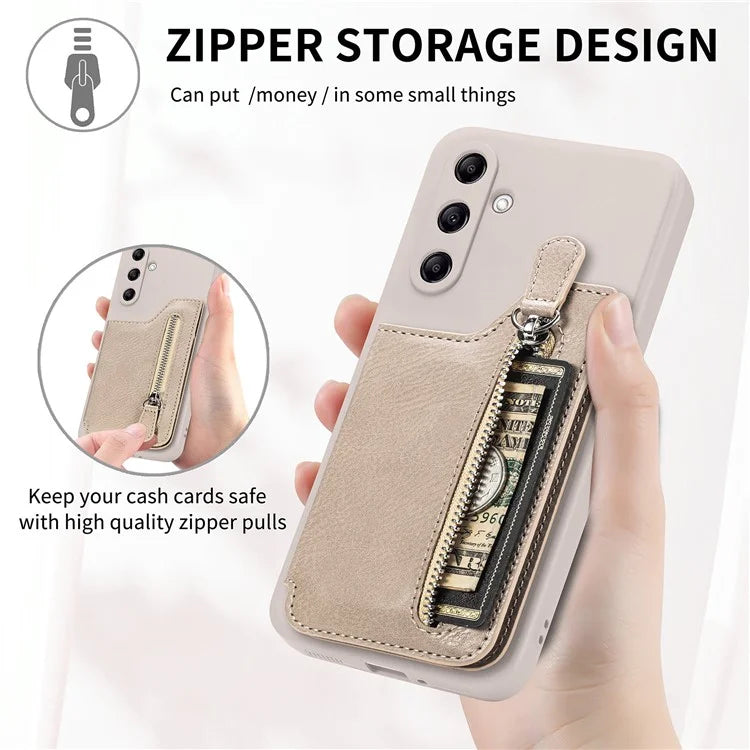 For Samsung Galaxy A24 4G (162.1 x 77.6 x 8.3mm) Zipper Pocket Kickstand Cover Snap Closure Phone Case