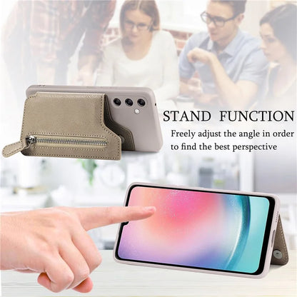 For Samsung Galaxy A24 4G (162.1 x 77.6 x 8.3mm) Zipper Pocket Kickstand Cover Snap Closure Phone Case