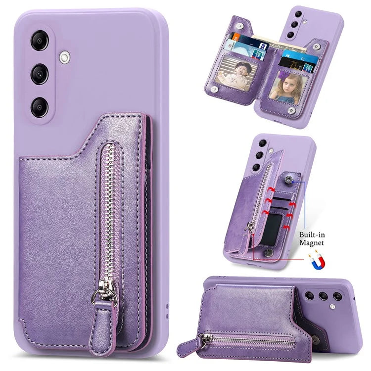 For Samsung Galaxy A24 4G (162.1 x 77.6 x 8.3mm) Zipper Pocket Kickstand Cover Snap Closure Phone Case