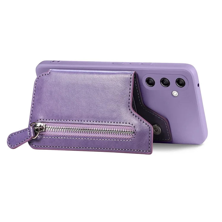 For Samsung Galaxy A24 4G (162.1 x 77.6 x 8.3mm) Zipper Pocket Kickstand Cover Snap Closure Phone Case