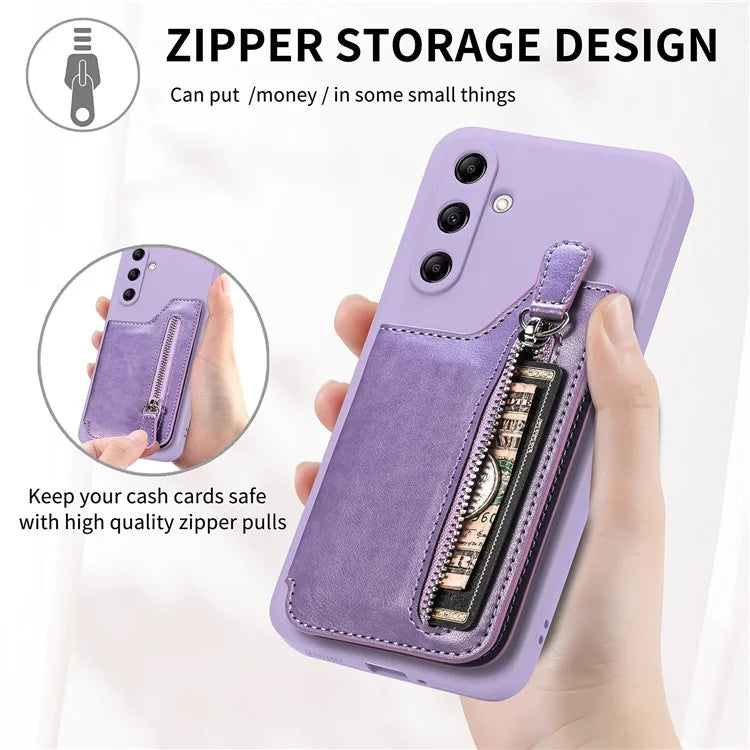 For Samsung Galaxy A24 4G (162.1 x 77.6 x 8.3mm) Zipper Pocket Kickstand Cover Snap Closure Phone Case