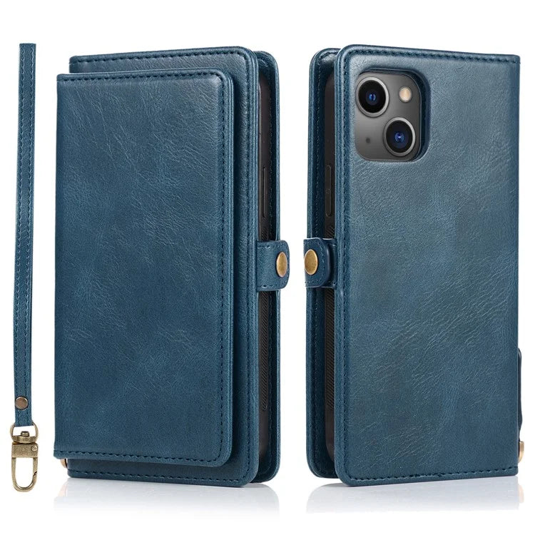 For iPhone 15 Case Detachable 2-in-1 Wallet TPU+PU Phone Cover with Strap