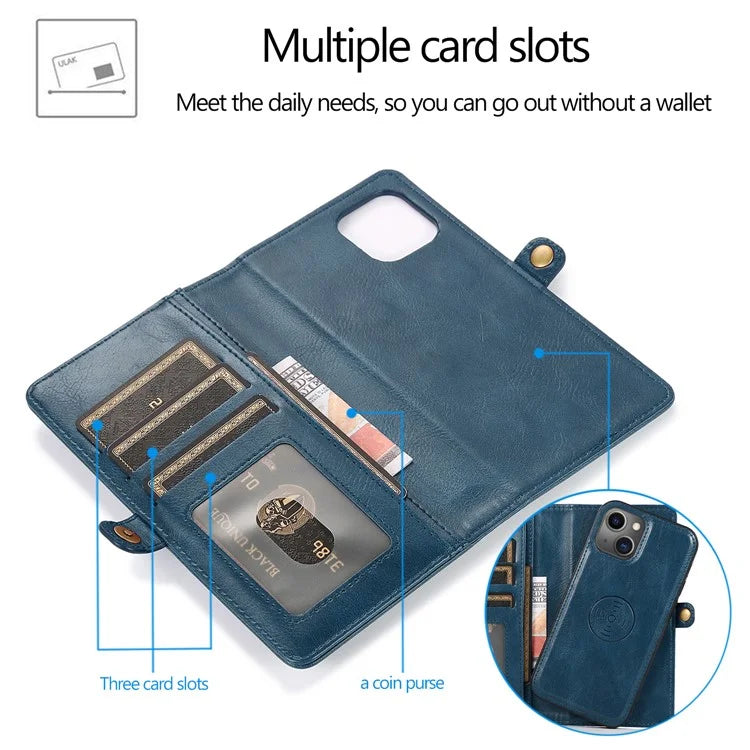 For iPhone 15 Case Detachable 2-in-1 Wallet TPU+PU Phone Cover with Strap