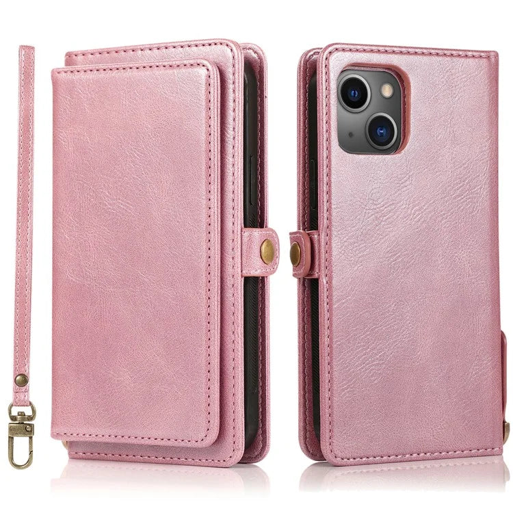 For iPhone 15 Case Detachable 2-in-1 Wallet TPU+PU Phone Cover with Strap