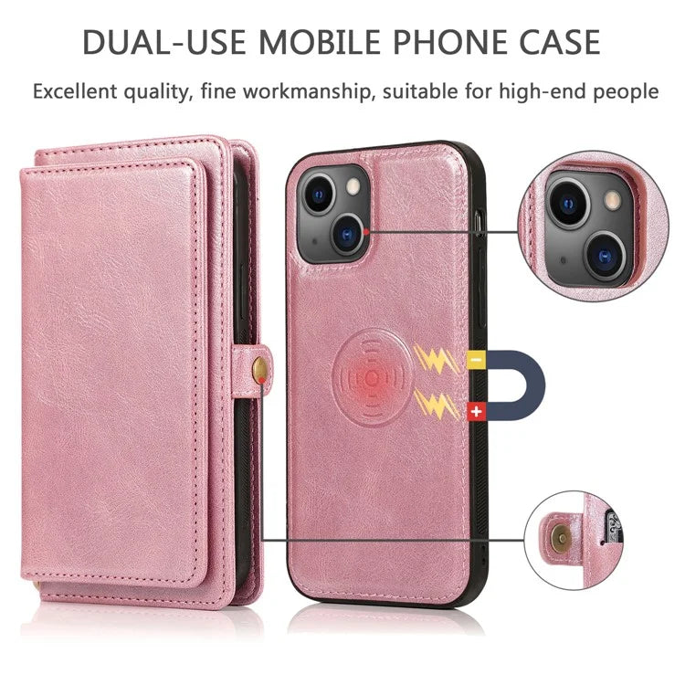 For iPhone 15 Case Detachable 2-in-1 Wallet TPU+PU Phone Cover with Strap