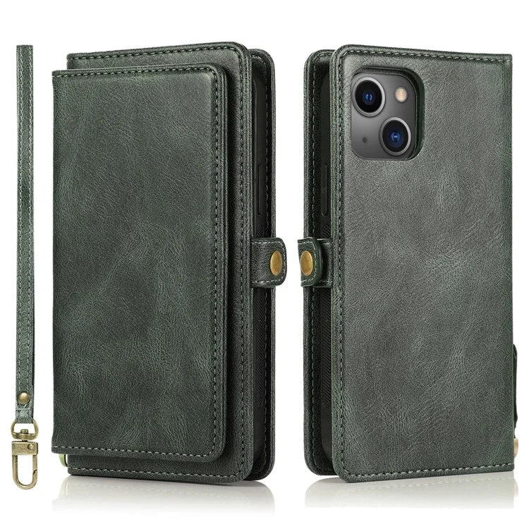 For iPhone 15 Case Detachable 2-in-1 Wallet TPU+PU Phone Cover with Strap