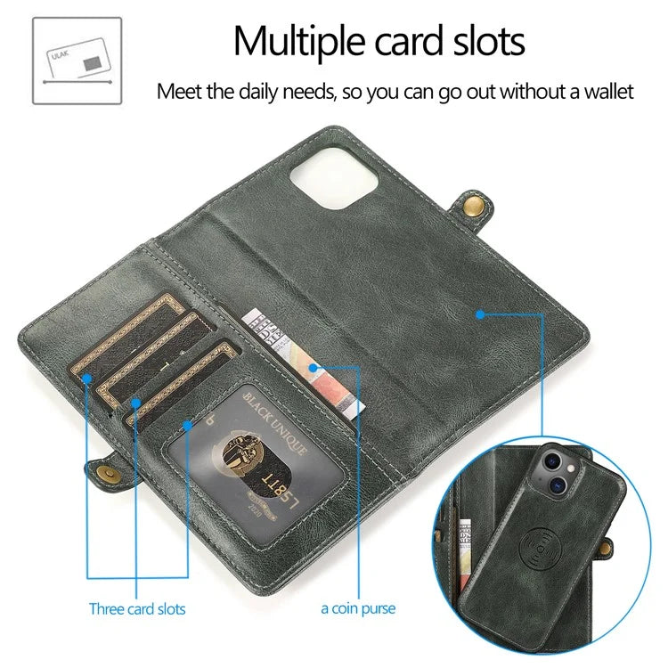 For iPhone 15 Case Detachable 2-in-1 Wallet TPU+PU Phone Cover with Strap