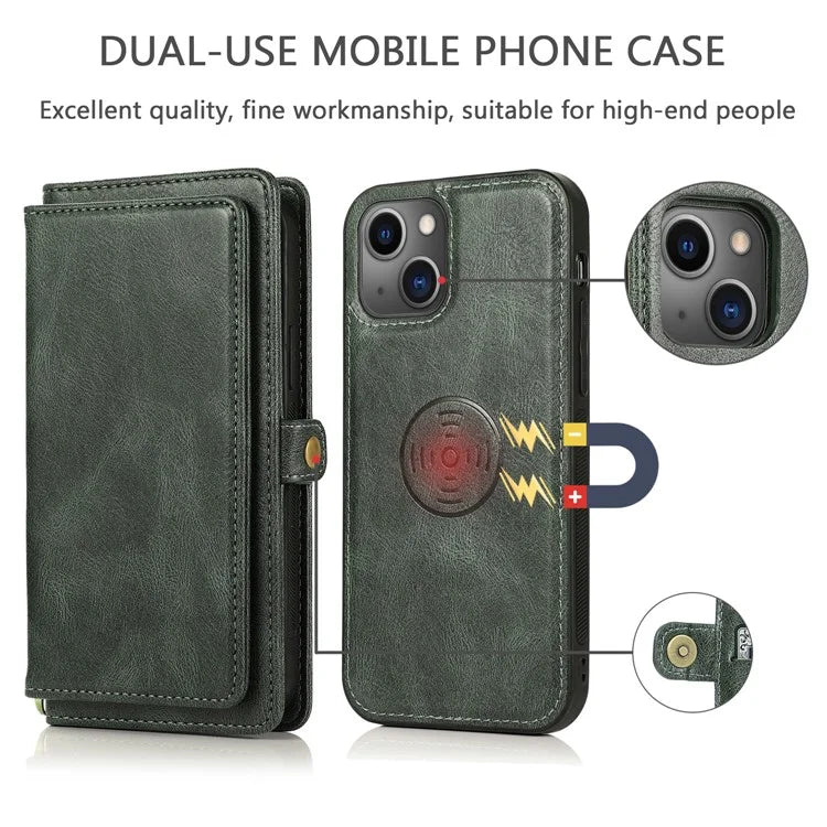 For iPhone 15 Case Detachable 2-in-1 Wallet TPU+PU Phone Cover with Strap