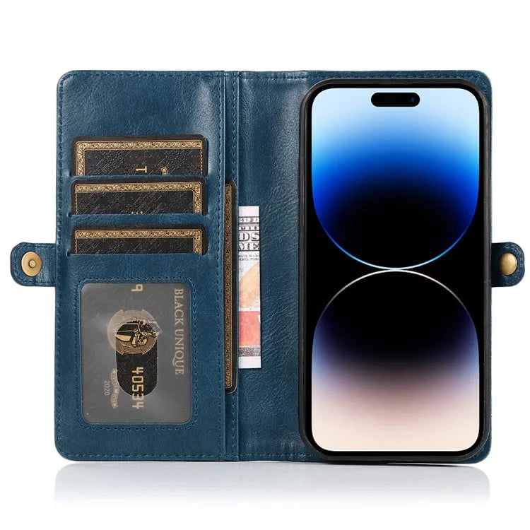 For iPhone 15 Pro Max Cell Phone Case with Strap Detachable 2-in-1 Wallet TPU+PU Cover