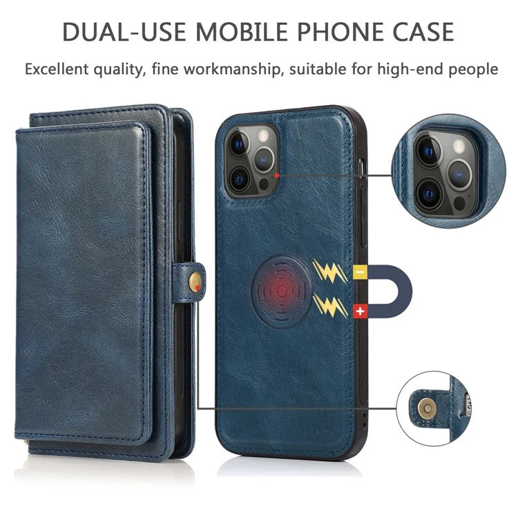 For iPhone 15 Pro Max Cell Phone Case with Strap Detachable 2-in-1 Wallet TPU+PU Cover