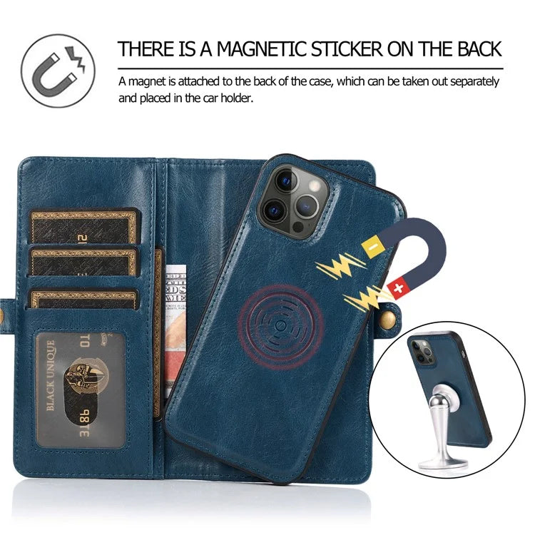 For iPhone 15 Pro Max Cell Phone Case with Strap Detachable 2-in-1 Wallet TPU+PU Cover