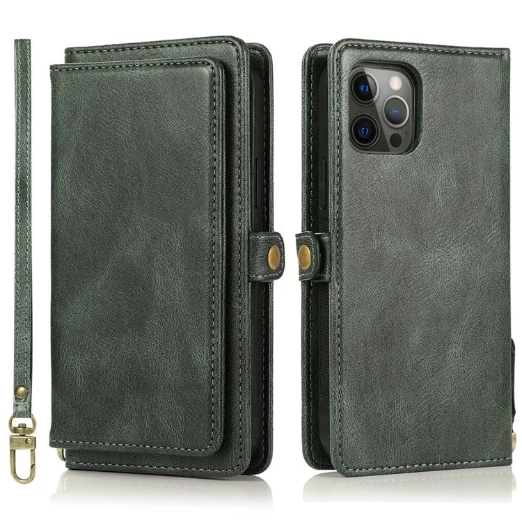 For iPhone 15 Pro Max Cell Phone Case with Strap Detachable 2-in-1 Wallet TPU+PU Cover