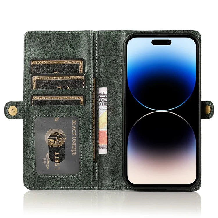 For iPhone 15 Pro Max Cell Phone Case with Strap Detachable 2-in-1 Wallet TPU+PU Cover