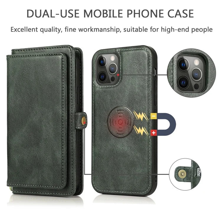 For iPhone 15 Pro Max Cell Phone Case with Strap Detachable 2-in-1 Wallet TPU+PU Cover