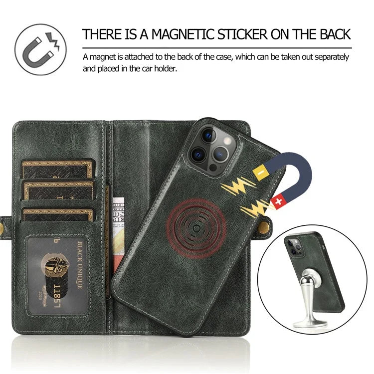 For iPhone 15 Pro Max Cell Phone Case with Strap Detachable 2-in-1 Wallet TPU+PU Cover