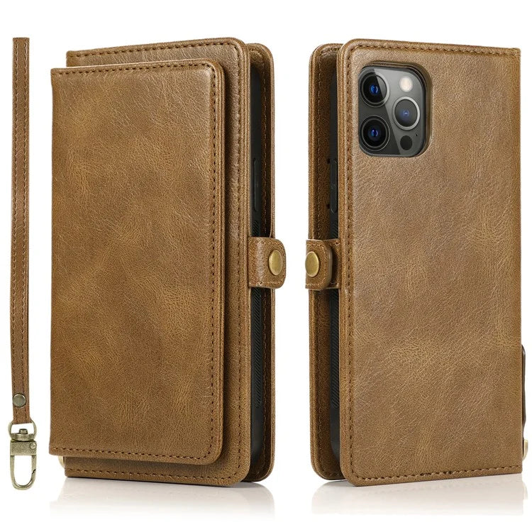 For iPhone 15 Pro Max Cell Phone Case with Strap Detachable 2-in-1 Wallet TPU+PU Cover