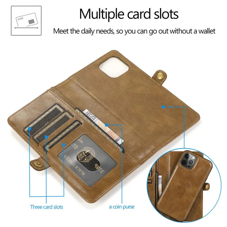 For iPhone 15 Pro Max Cell Phone Case with Strap Detachable 2-in-1 Wallet TPU+PU Cover