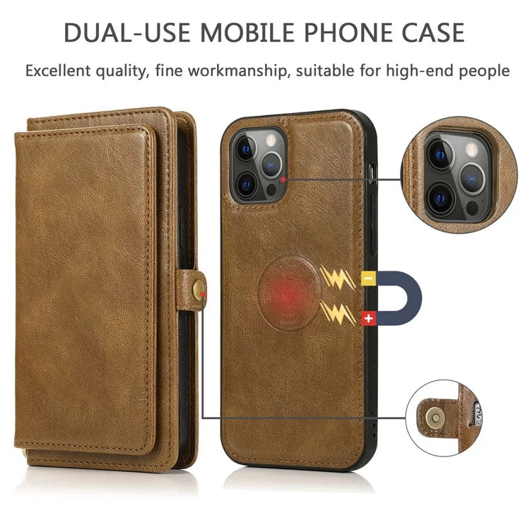 For iPhone 15 Pro Max Cell Phone Case with Strap Detachable 2-in-1 Wallet TPU+PU Cover