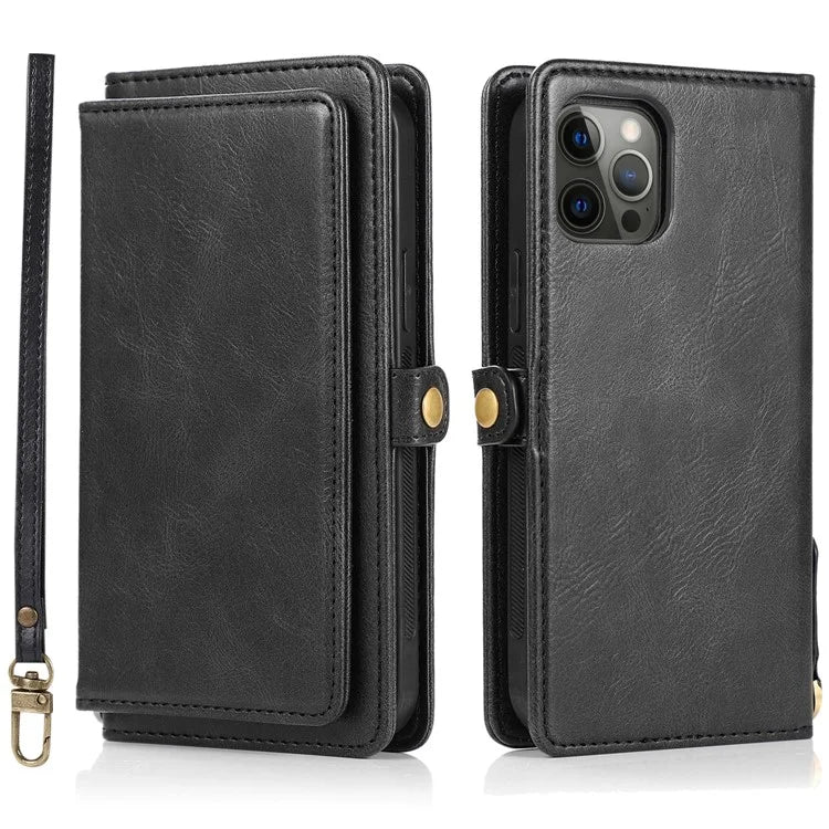 For iPhone 15 Pro Max Cell Phone Case with Strap Detachable 2-in-1 Wallet TPU+PU Cover