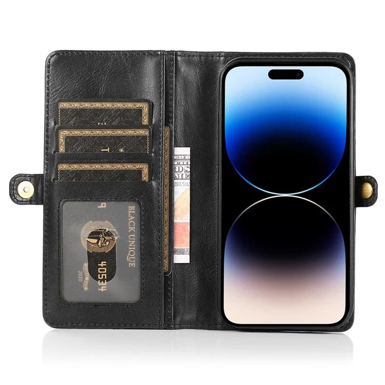 For iPhone 15 Pro Max Cell Phone Case with Strap Detachable 2-in-1 Wallet TPU+PU Cover