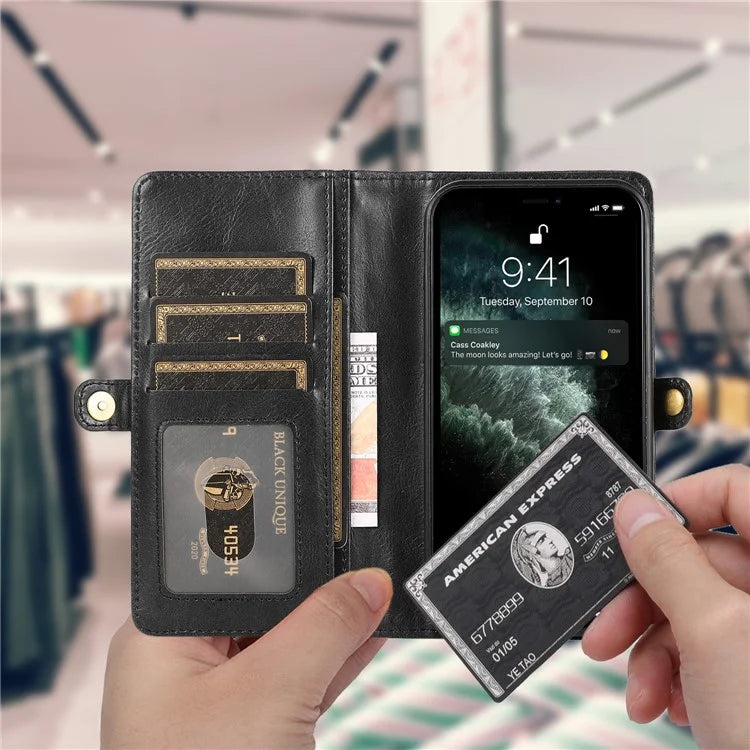 For iPhone 15 Pro Max Cell Phone Case with Strap Detachable 2-in-1 Wallet TPU+PU Cover