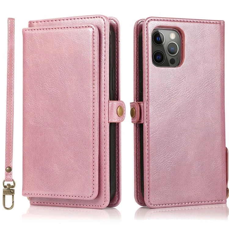 For iPhone 15 Pro Max Cell Phone Case with Strap Detachable 2-in-1 Wallet TPU+PU Cover