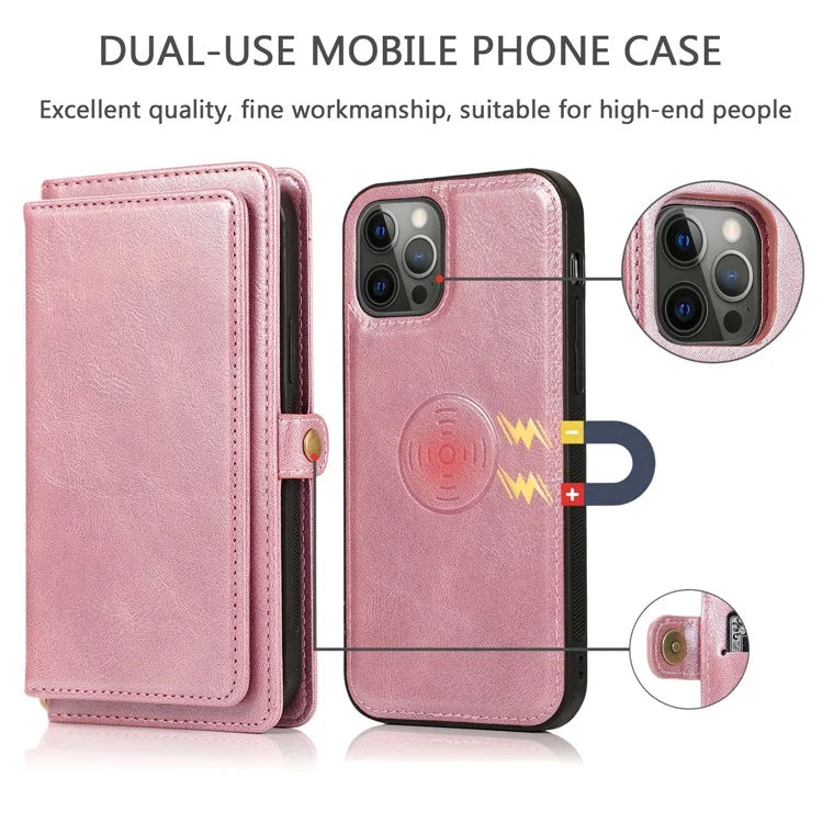 For iPhone 15 Pro Max Cell Phone Case with Strap Detachable 2-in-1 Wallet TPU+PU Cover
