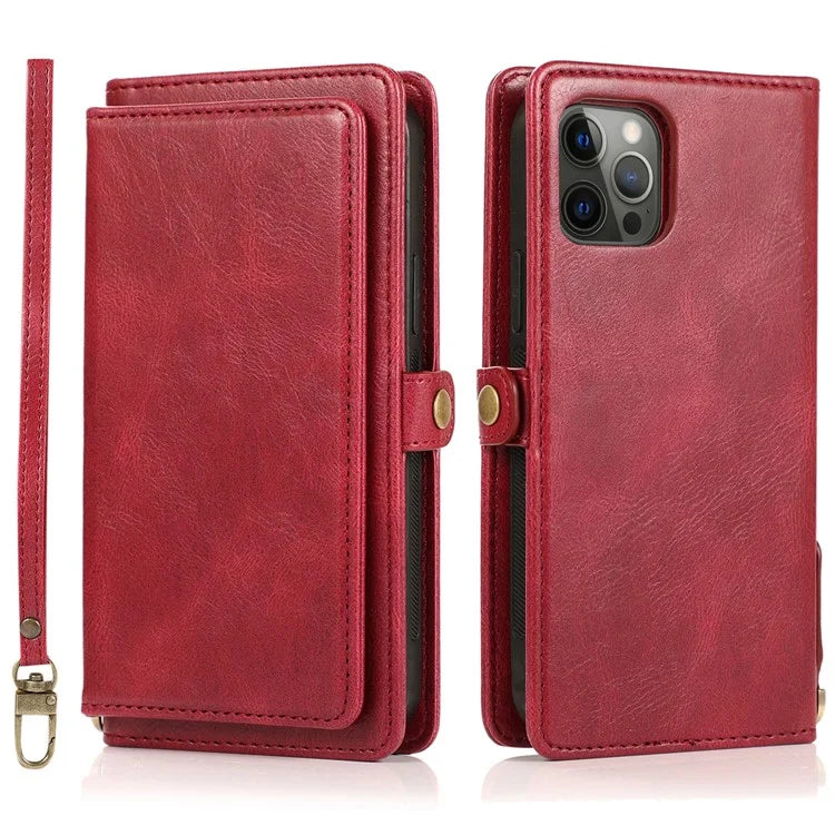 For iPhone 15 Pro Max Cell Phone Case with Strap Detachable 2-in-1 Wallet TPU+PU Cover