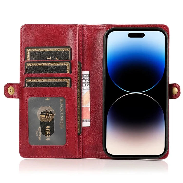 For iPhone 15 Pro Max Cell Phone Case with Strap Detachable 2-in-1 Wallet TPU+PU Cover